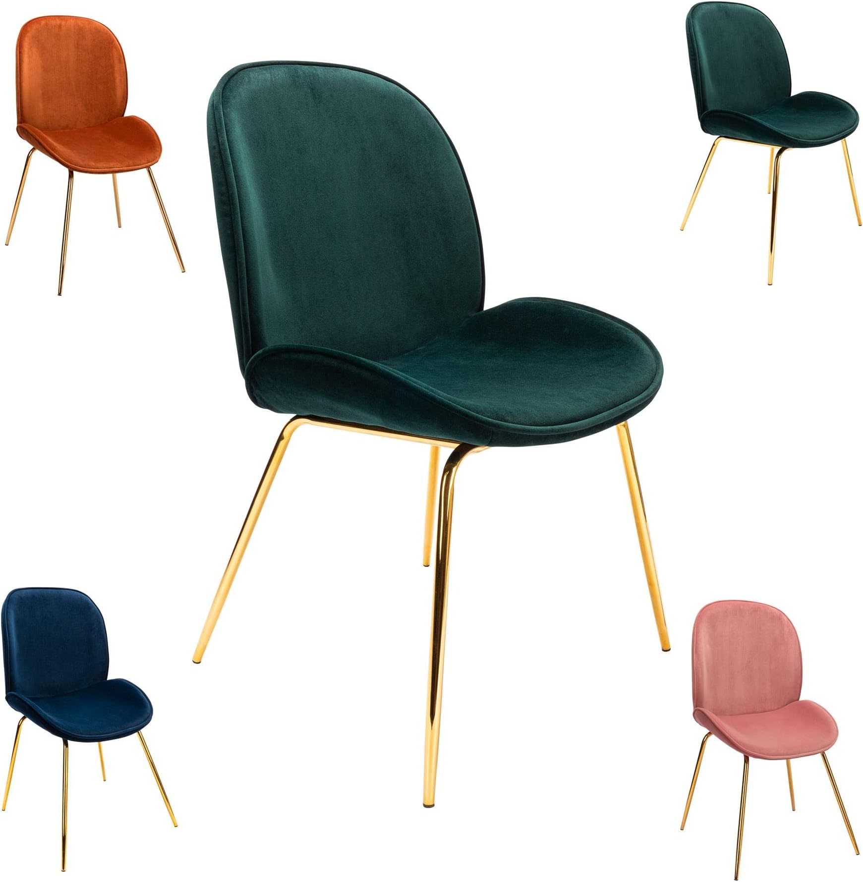 Cosy7 Mona Collection Velvet Dining Chairs Set of 2 Dark Green | Glossy Golden Metal Legs, Soft Fabric Kitchen Chairs| Fully Upholstered | Living Room Lounge Cushioned Seat
