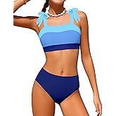 KANGKANG Girls Swimsuit Solid Color Block Adjustable Straps Teen Girl Bikini Set Kids Bathing Suits for Girls Size 7-16