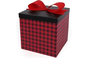 LaRibbons Large Christmas Gift Boxes with Lids,10x10x10 Inches Buffalo Plaid Design Folding Square Gift Boxes for Christmas Decorative,Xmas,Present,Storage,Red and Black