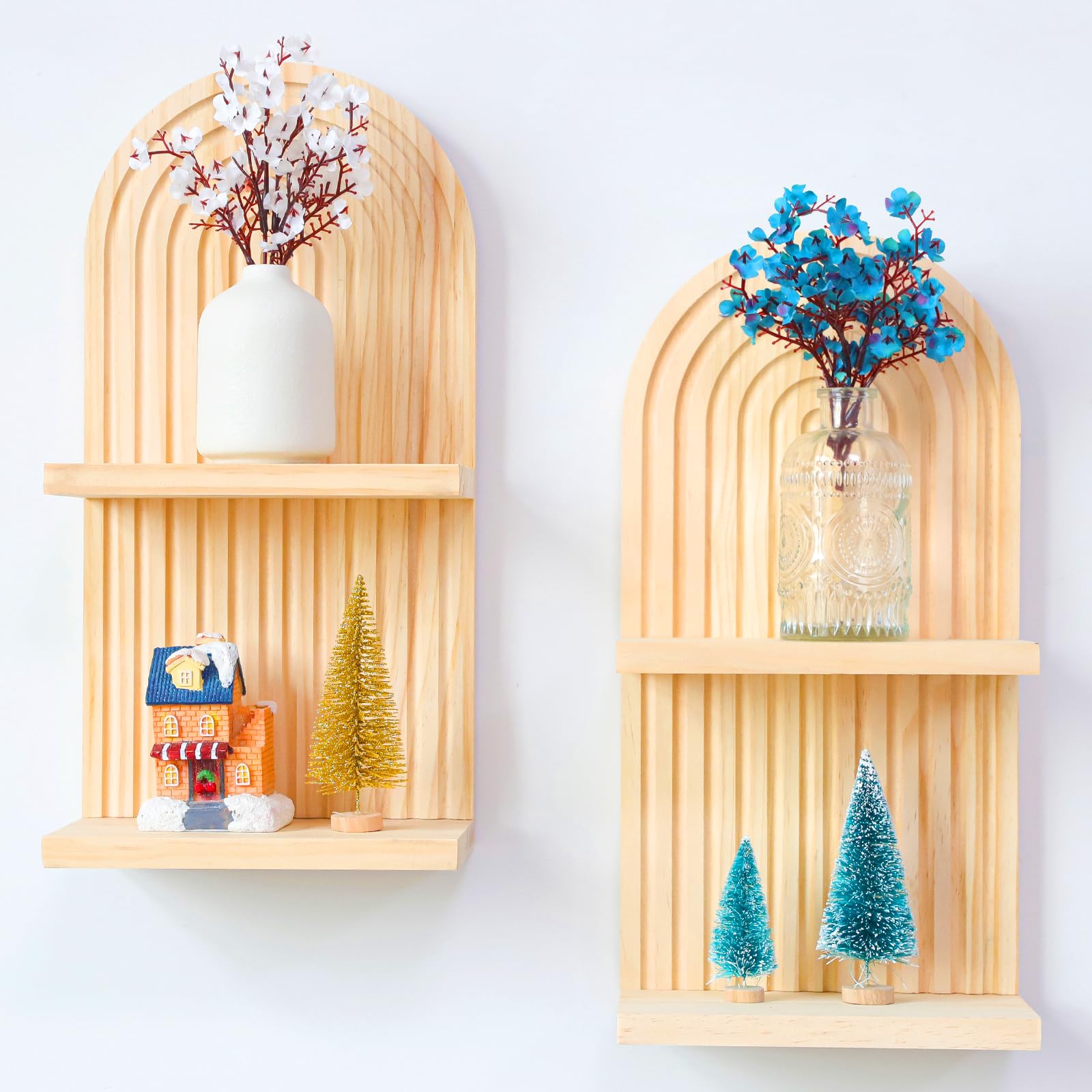 YiYa 2 Pcs Wood Shelves for Wall Decor Modern Boho Wall Shelf Arch Wood Floating Shelf Bohemian Hanging Shelf Display Shelving for Hanging Plants Photo for Living Rooms Bathroom