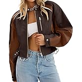 Tankaneo Womens Faux Leather Bomber Jackets Cropped Zip Up Color Block Fall Casual Moto Biker Coats