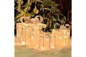 Bstge Christmas Lighted Gift Boxes, Set of 3 Christmas Decorations for Home, Light up Christmas Ornaments, Warm White LED with Bows for Indoor Party Holiday, Christmas Decor(Star)