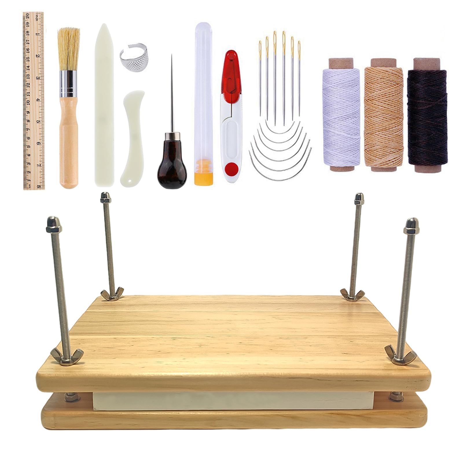 selliner Wooden Book Press Tools,Bookbinding Kits, 7.9”x11.6”,Book Binding Tools with Wooden Binding Press, Bone Folder,Ruler Thimble Needle Thread,Paper Awl for DIY Bookbinding Supplies Crafts