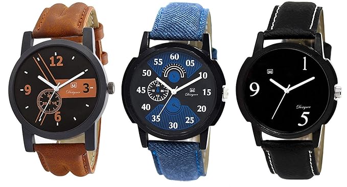 Analogue Black Dial Men's & Boy's Watch Leather Strap Combo Pack of 3