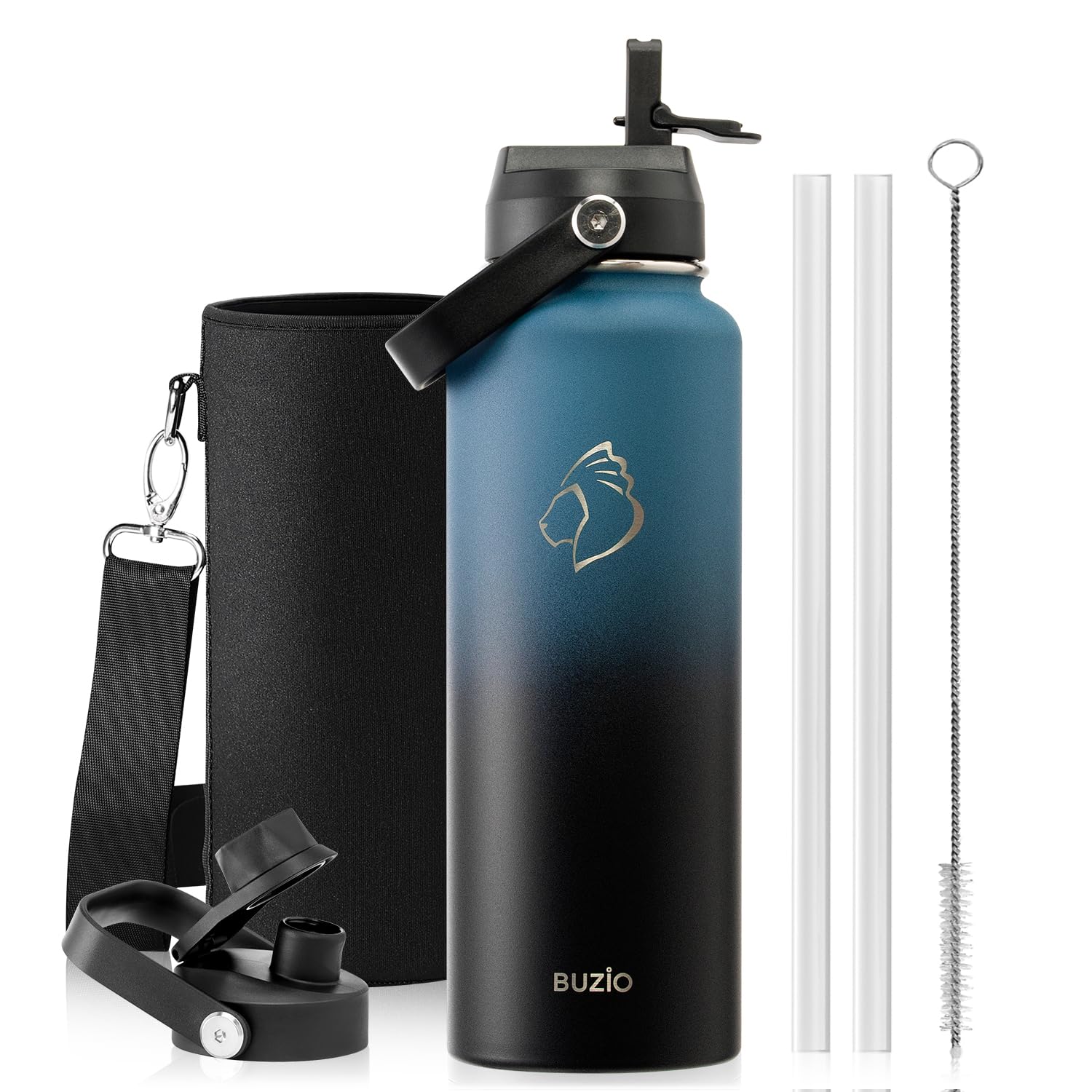 Photo 1 of ***STRAWS MISSING***BUZIO Water Bottle with Straw Lid and Flex Cap, 40oz Double Vacuum Stainless Steel Water Flask, Cold for 48 Hrs Hot for 24 Hrs Simple Thermo Canteen Mug, Indigo Black
