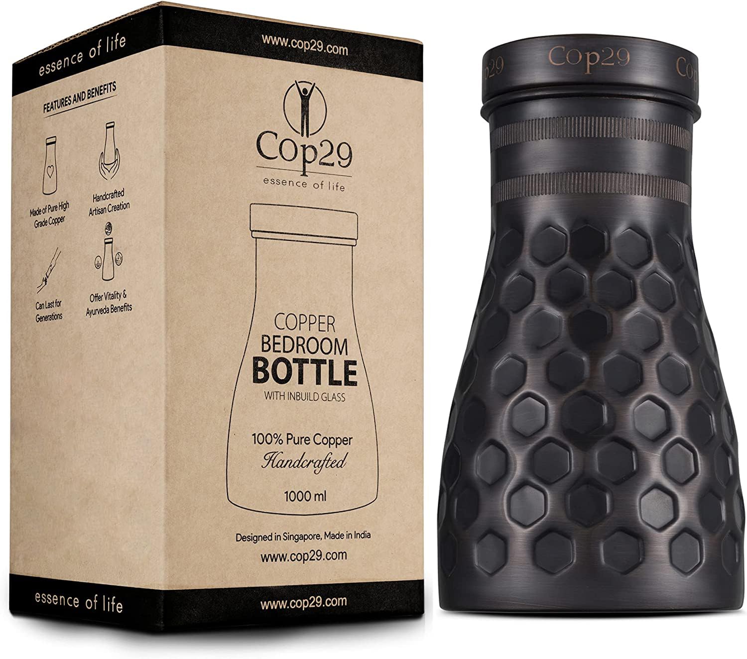 Cop29 Handmade Dolny Antique Honeycomb Copper Bedroom Water Bottle I Pitchers with Lid I Bedside Water Carafe (Indoor Use with Loose Lid) –1000ml/34oz