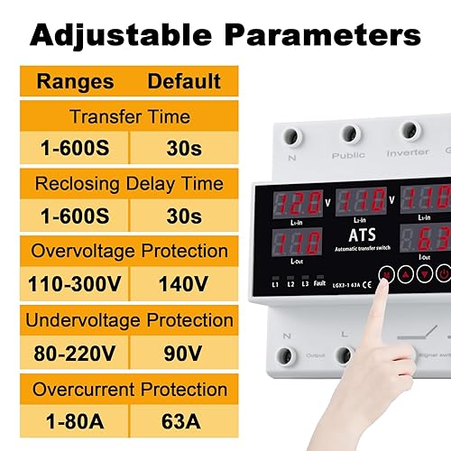 63A Automatic Transfer Switch - For Generator/Inverter Backup, Over/Under Voltage Protection, DIN Rail Mount