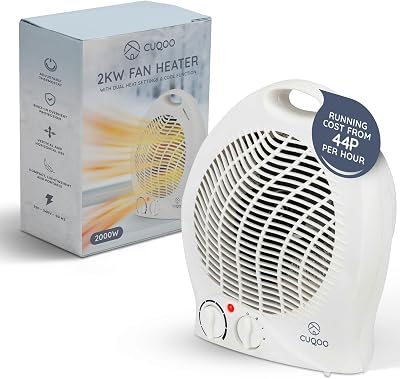 CUQOO 2KW Fan Heater and Cooler with Thermostat 2 Heat Settings White