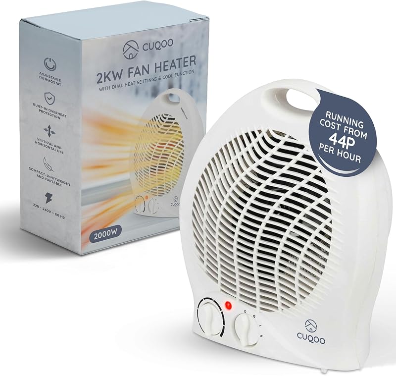 CUQOO 2KW Fan Heater and Cooler with Thermostat 2 Heat Settings White