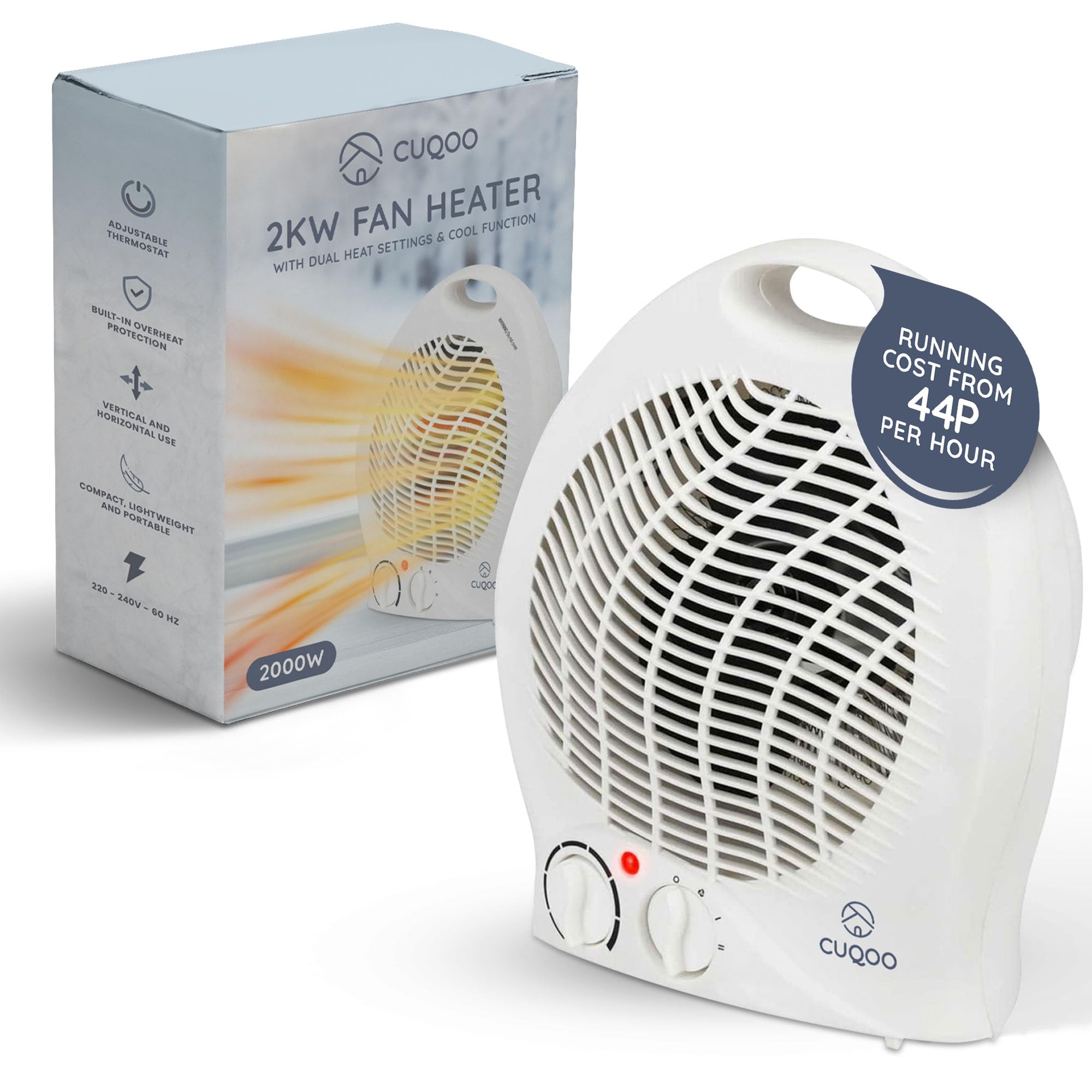 CUQOO 2KW Fan Cooler and Heater - Variable Thermostat & 2 Heat Settings – Low Energy Usage 2-in-1 Portable Electric Quiet Heater and Cooler for Home - White (Package may vary)
