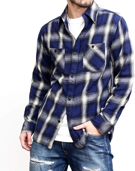 Amazon ファイブブラザー ネルシャツ メンズ ブランド チェックシャツ ワークシャツ 長袖シャツ 57 ブルー M シャツ 通販