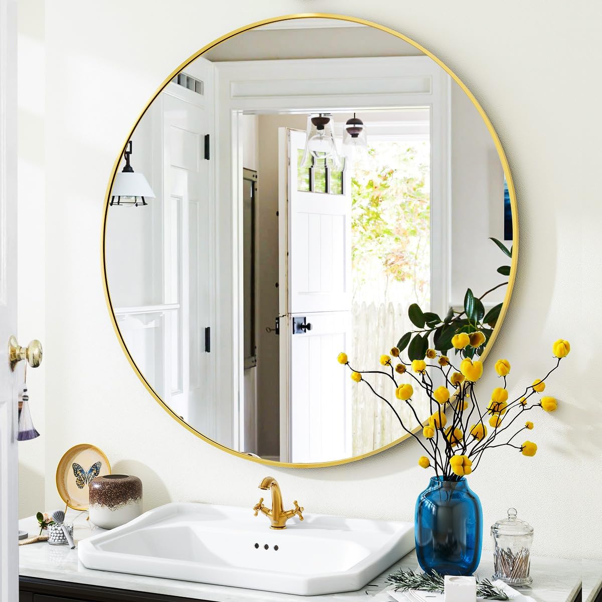 VooBang Gold Round Bathroom Mirror, 24 inch Circle Wall Mounted Hanging Mirror with Simple Modern Circular Metal Frame for Hallway, Entryway, Living Room, Gold Frame Image