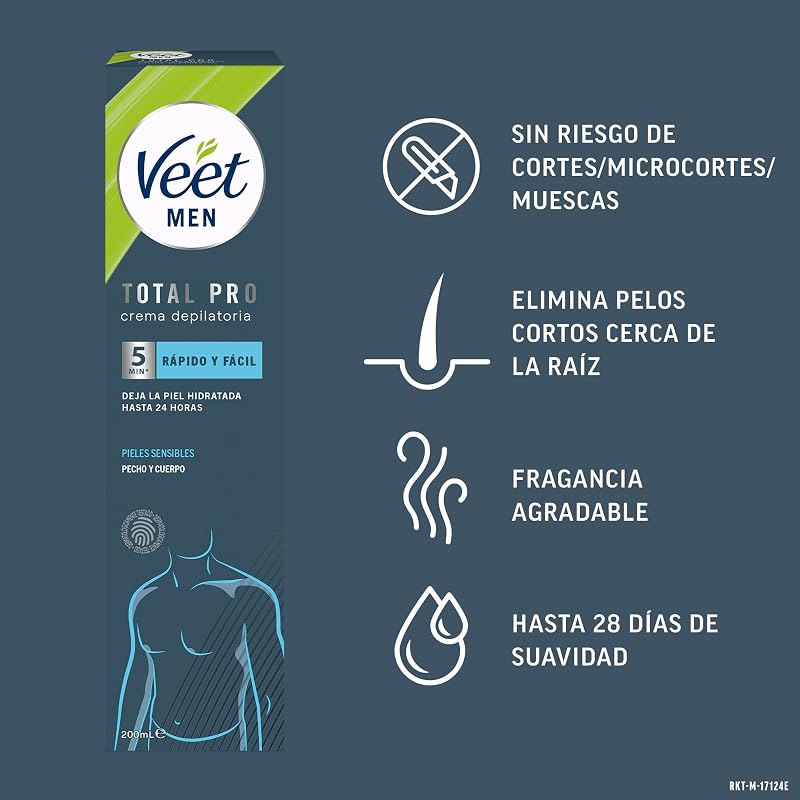 Veet men creme depilatório masculino para peito, costas, braços e pernas, pele sensível, 200ml
