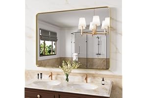 JISOSO Gold Bathroom Mirror, 48x32 Inch Brushed Gold Metal Frame Mirror for Wall, Rounded Rectangle Bathroom Vanity Mirror, Tempered Glass, Anti-Rust, Horizontal/Vertical