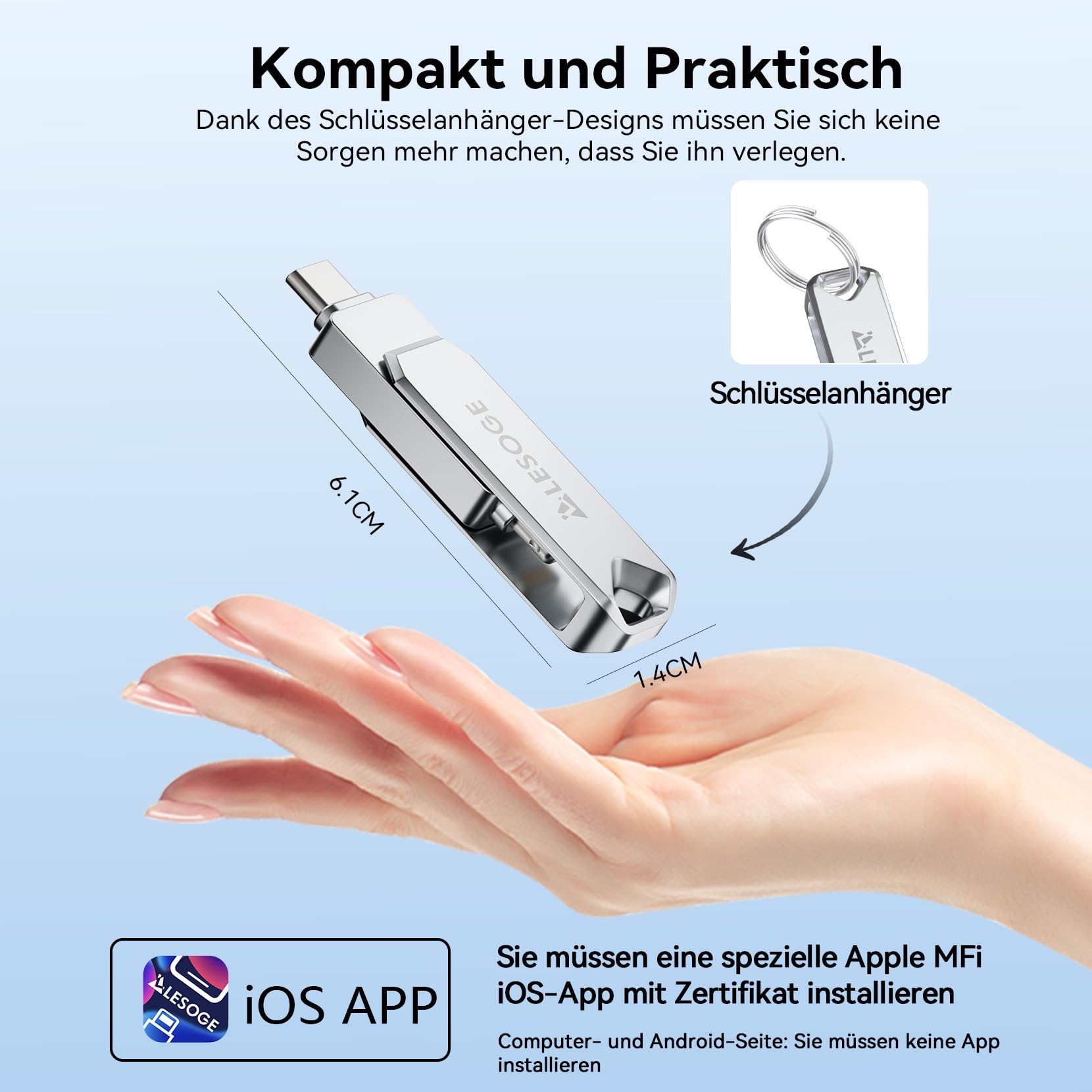 LESOGE MFi-Zertifizierter USB C Stick 128 GB,Mini USB Stick Handy Fotos Speichern,3 in 1 USB C und 3.0 Stick,Externer Speicher für Fotos und Videos,Photo Stick für iPhone/iPad/Android/PC/Mac (Silber) 7