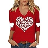 Women's Valentines 3/4 Sleeve V Neck Shirt Funny Love Heart Graphic Long Sleeve Tee Casual Couple Matching Tops