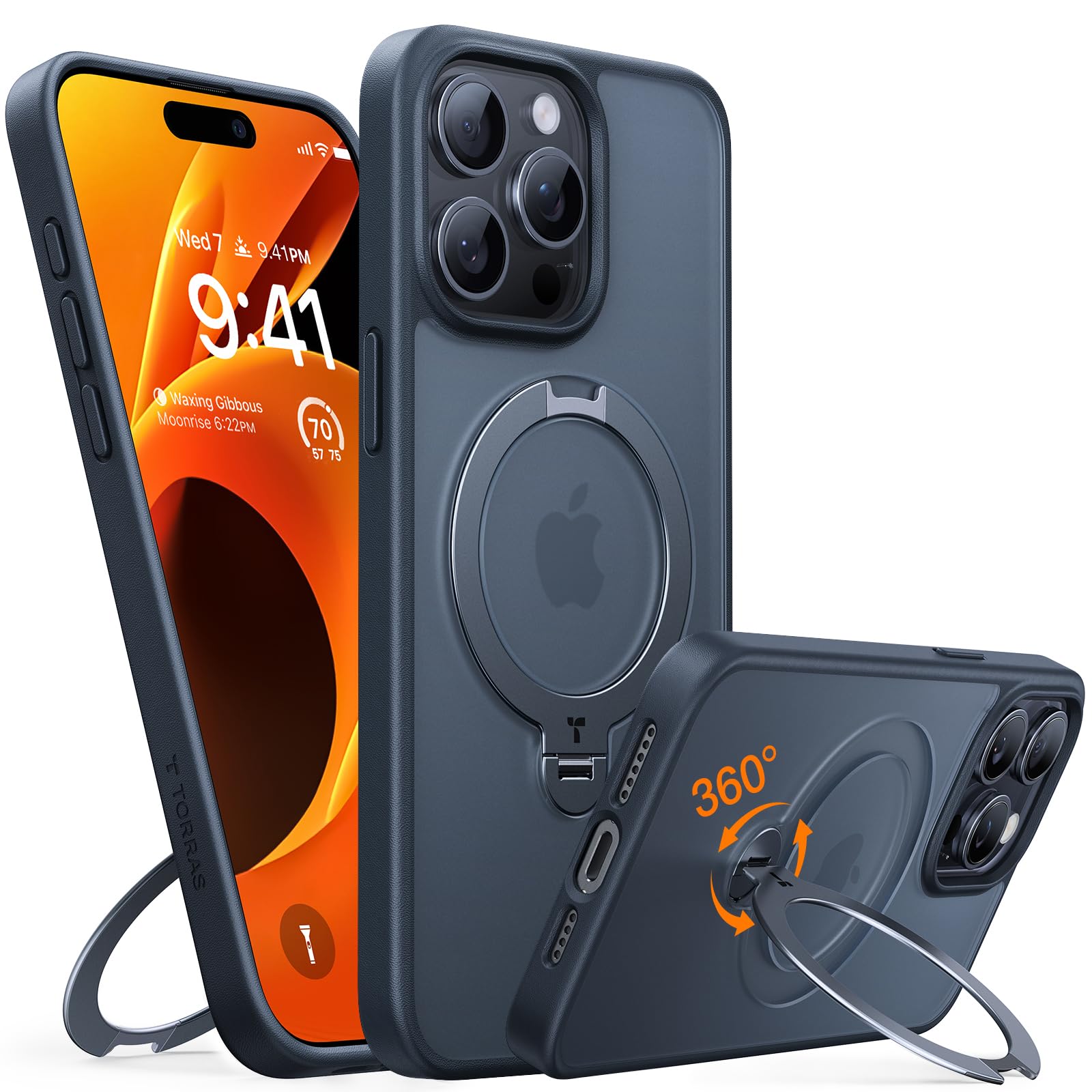 TORRAS 360° Spin Magnetic Stand for iPhone 15 Pro Case, Compatible with Magsafe,14 FT Military Grade Shockproof Slim Protective iPhone 15 Pro Case with Kickstand Ring Holder, Ostand Spin-Black — image 1