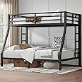 HKOLIE Twin Over Full Bunk Bed, Metal Bunk Bed Frame Heavy Duty Bunk Beds Loft Bed Frame with Ladder and Guardrail Metal Slats No Box Spring Required for Adults Teens (Twin Over Full Size)