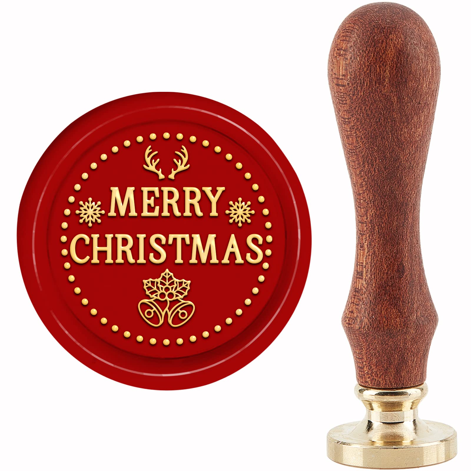 CRASPIRE Merry Christmas Wax Seal Stamp Snowflake Antlers Christmas Bell Sealing Stamp 30mm/1.18inch Removable Brass Head Sealing Stamp with Wooden Handle Invitations Cards Wrap