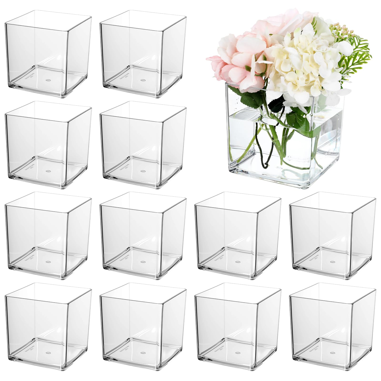 Photo 1 of 12 Pcs Clear Square Vases Acrylic for Centerpieces-4'' x 4'' Cube Square Flower Vase Bulk, Plastic Vases Container for Flowers Centerpieces Office Home Table Wedding Floral Plant