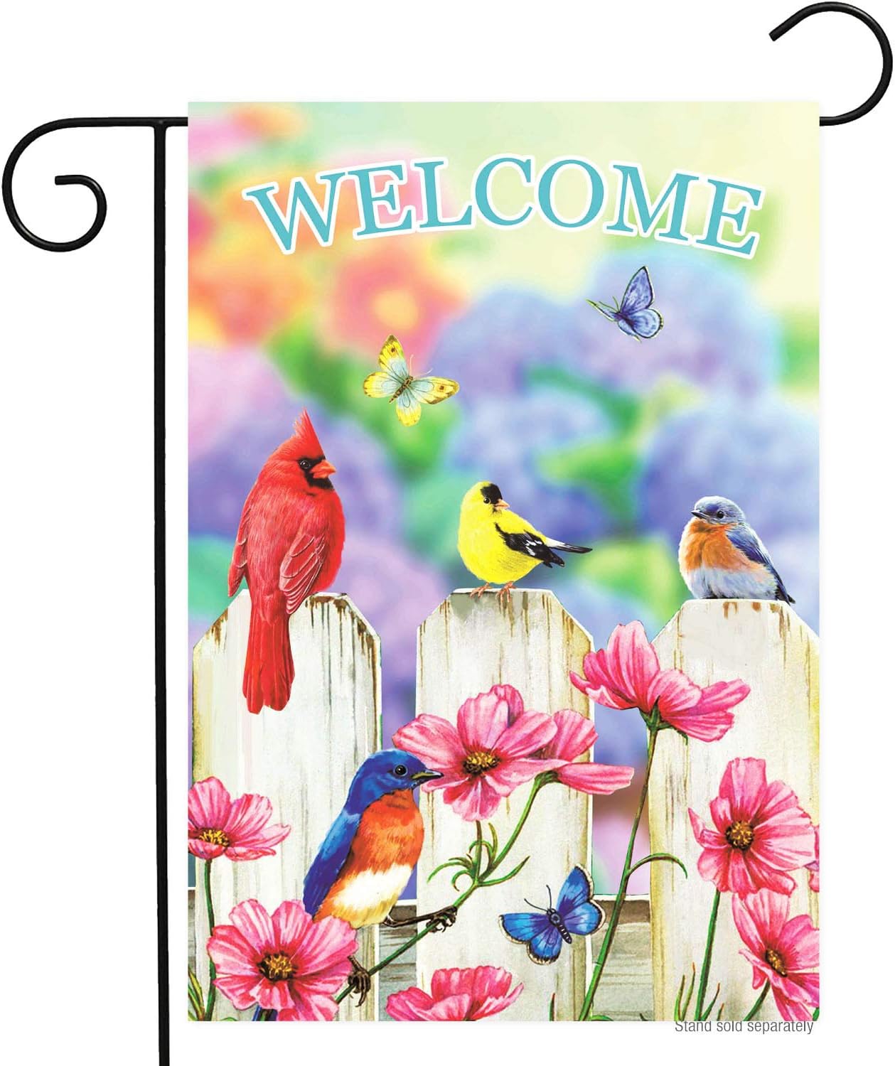 Spring Flowers Birds Welcome Garden Flag 12x18 Double Sided Cute Small Colorful Springtime Cardinals Poppy Fence Butterfly Garden Yard Flags Banner for Outdoor Indoor Decoration