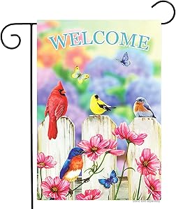 Spring Flowers Birds Welcome Garden Flag 12x18 Double Sided Cute Small Colorful Springtime Cardinals Poppy Fence Butterfly Garden Yard Flags Banner for Outdoor Indoor Decoration