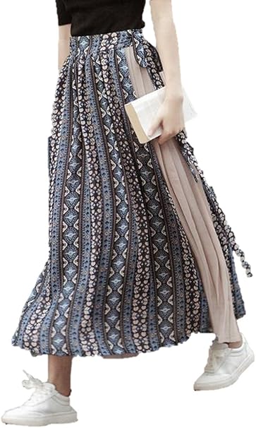 Amazon Co Jp パラッツィー ロング スカート シフォン ふんわり スニーカーと合う ボヘミアン柄 ポリエステル ウエストゴム リボン プリーツ マキシ 丈 デニムニ合う インディゴ ブルー ハル 春 ナツ 夏 春夏 ハルナツ アキ 秋 スプリング サマー オータム 女学生