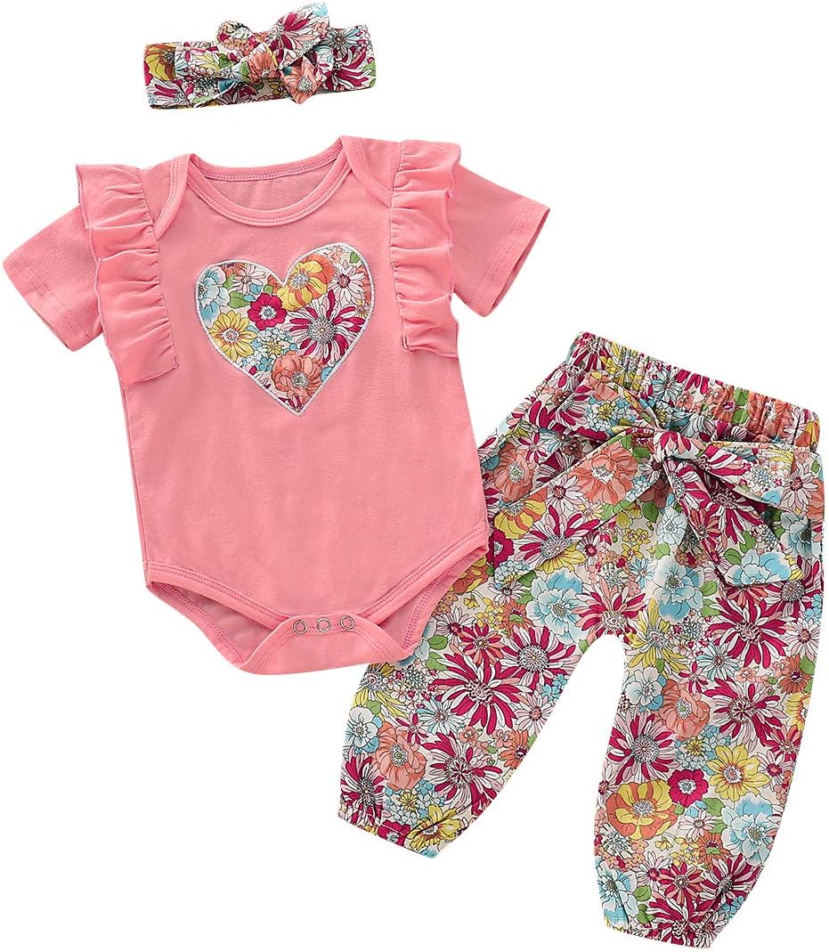 NZRVAWS Baby Girl Clothes Summer 3pcs Pink Heart Short Sleeve Jumpsuit Pants Set Floral Ruffle Romper with Bowknot Headbands Outfits 6-9 Months