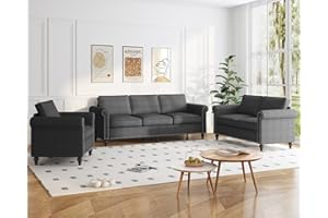 Mjkone 3 Pieces Living Room Sofa Set, Modern Sectional Sofa Couch and Loveseat & Armchair Set, Gourd Shape Wood Legs & Linen Fabric & Nailhead Trim Design Sofas Couches for Living Room, Dark Grey