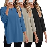 Huukeay 3 Pack Women's Oversized T Shirts Workout 3/4 Sleeve Top Loose Side Split Gym Elbow Crewneck Casual Clothes Tee