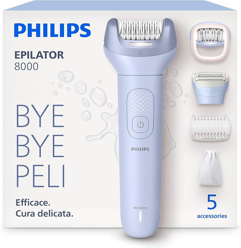 Epilatore Serie 8000 - Epilatore elettrico Wet & Dry senza fili, per gambe e corpo, con ProGuide, 5 accessori, autonomia di 60 minuti, modello BRE709/00