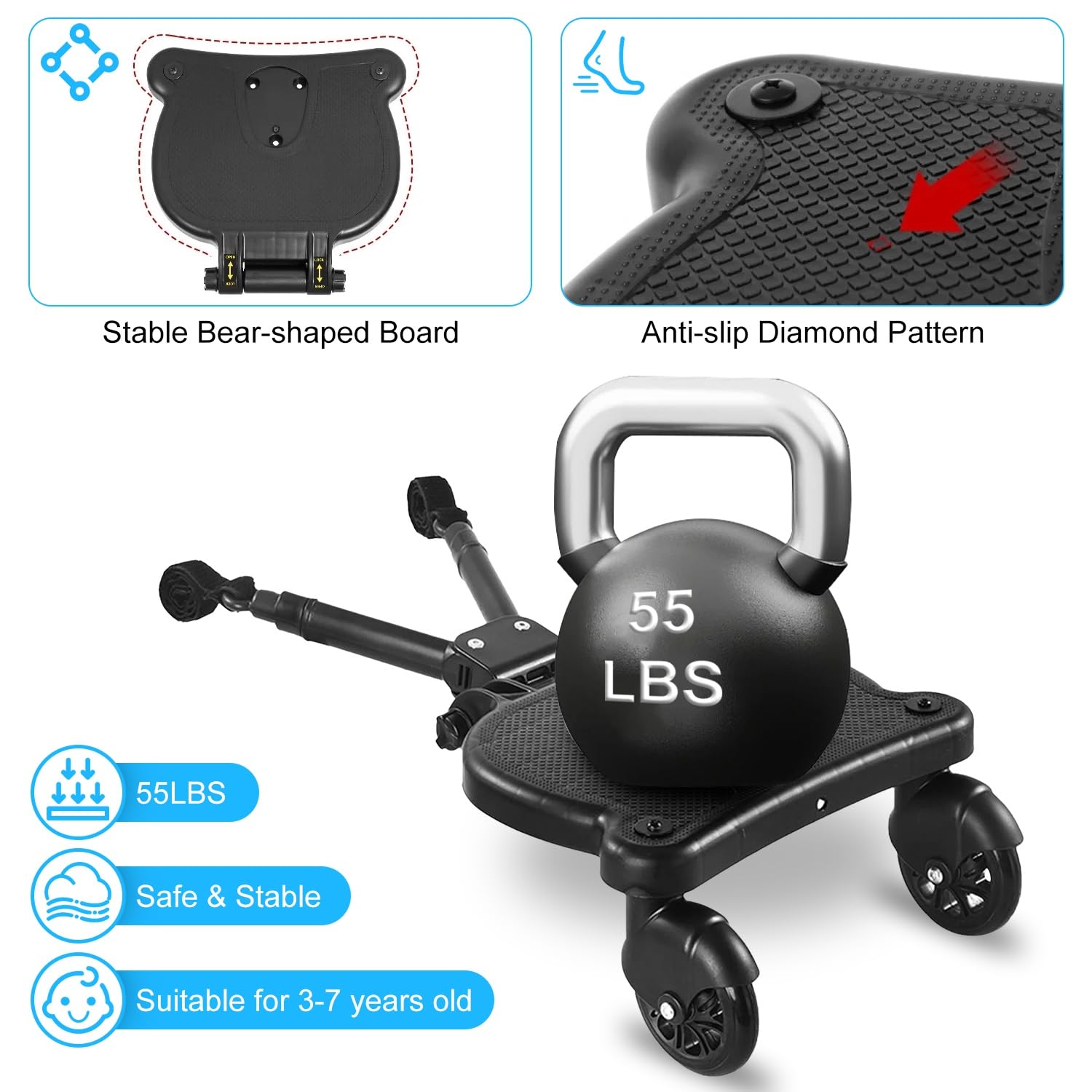 Universal Stroller Board with Detachable Seat for New Parents, 2 in 1 Sit & Stand Stroller Board, Stroller Standing Board, Stroller Attachment for Toddler to Ride, Holds Children Up to 55lbs