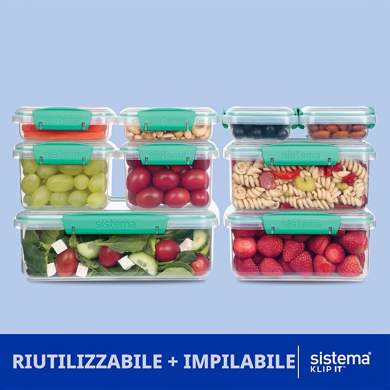 KLIP IT Contenitori per alimenti | Contenitori per la preparazione dei pasti impilabili ed ermetici | Scatole per il pranzo per la scuola e snack | 18 pz. (9 contenitori e coperchi)
