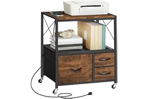 MAHANCRIS File Cabinet with Charging Station, 3 Drawer Lateral Filing Cabinet for Home Office, Mobile Printer Stand with Open Shelf, Fits A4/Letter Size File, Nonwovens Drawer, Rustic Brown FCHR98E01