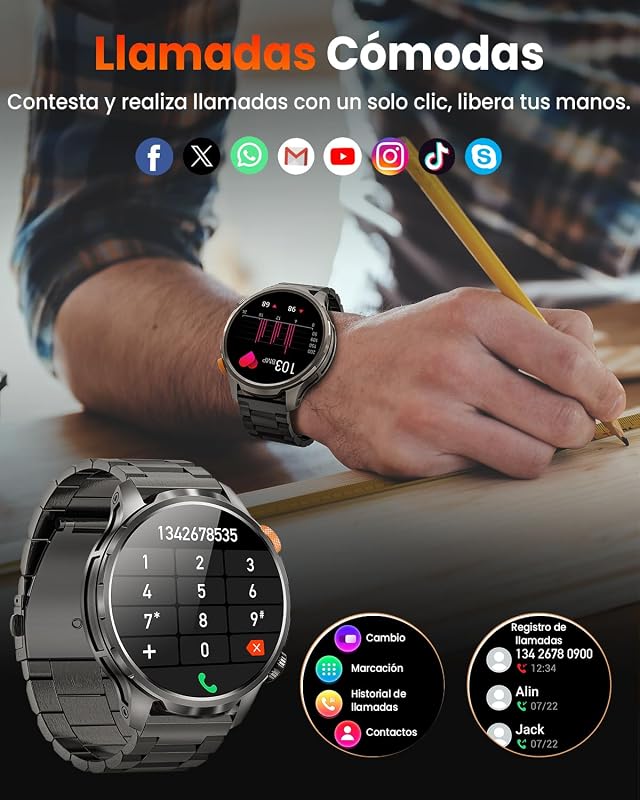 Reloj Inteligente Hombre con 1000mAh Batería y Linterna, Negro — foto 7 de 8