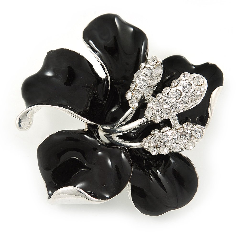Black Enamel, Clear Crystal Flower Brooch In Silver Tone Metal - 45mm D