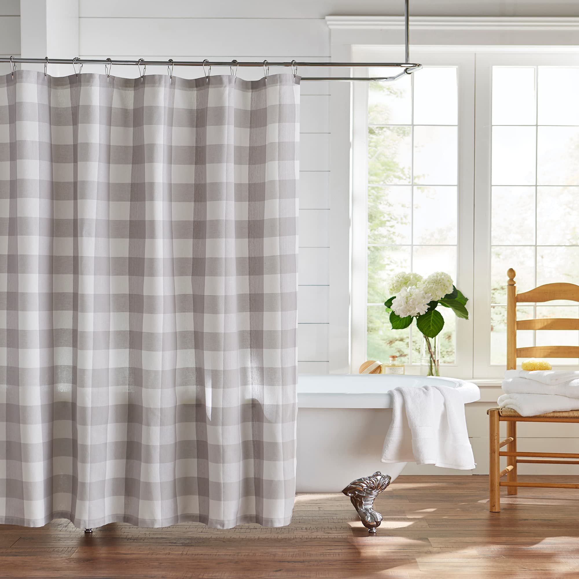 Elrene Buffalo Check Fabric Shower Curtain, Cotton, Gray/White, 72" W x 72" L (Pack of 1)