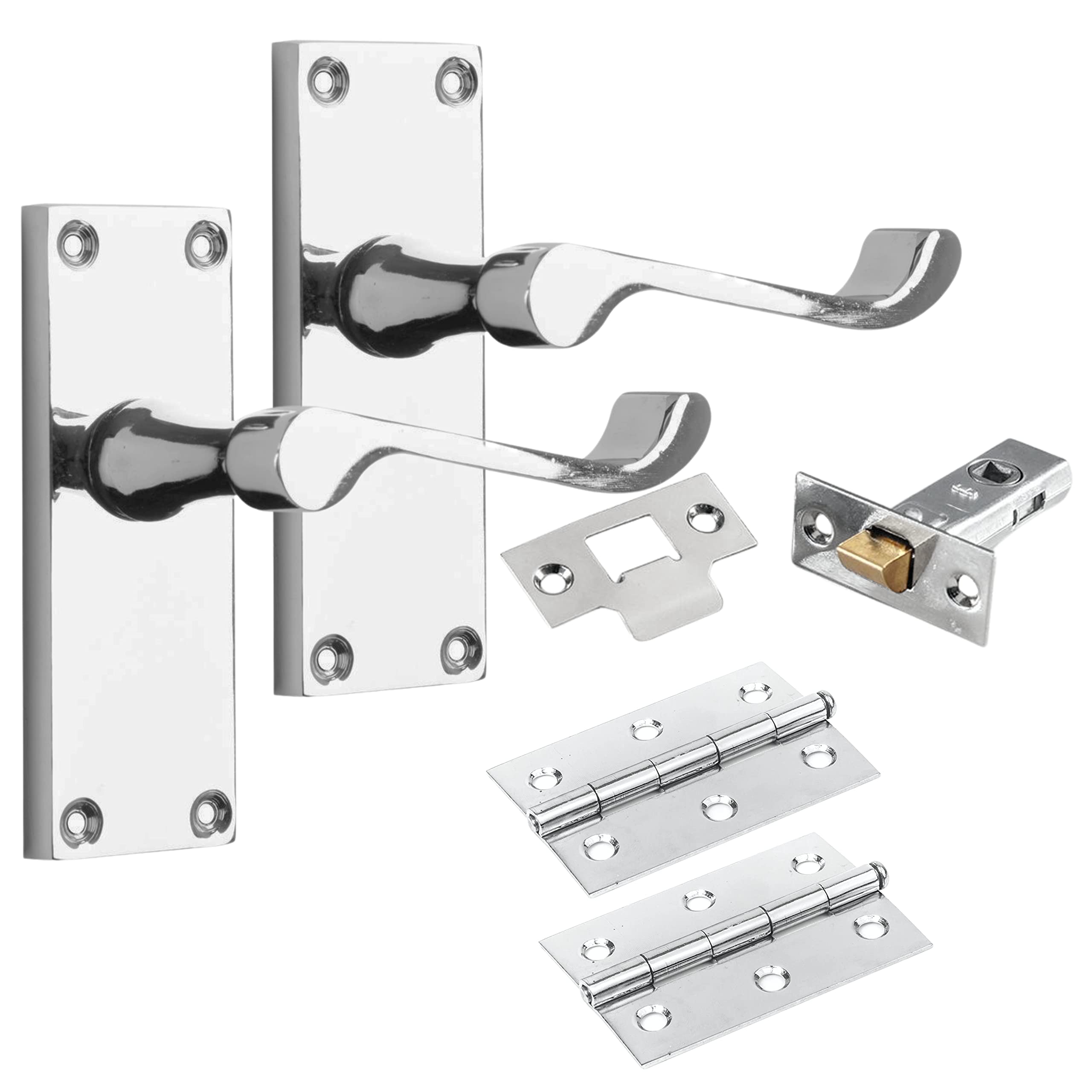 IRONZONE® 6 Sets of Premium Quality Victorian Scroll Lever Latch Door Handles Polished Chrome Hinges & Latch Pack Backplate Door Handles, Contemporary Design for Internal Wooden or Oak Doors