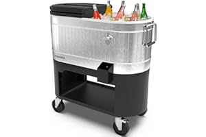Permasteel Rolling Patio Cooler – Large Outdoor Ice Chest with Wheels, Beverage Cooler for Backyard, BBQ, Tailgate, Beach, Parties, Rustic Farmhouse Design