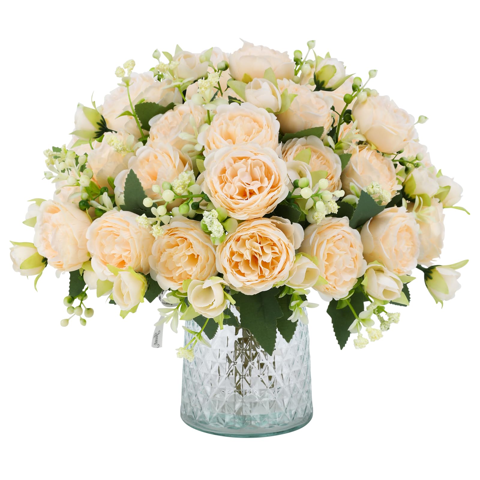 JUSTOYOU 4 Bunches Artificial Peony with 20 Heads Flowers Fake Peonies Silk Flowers Bouquets for Wedding Home Table Party Window Decoration (CHAMPAGNE)