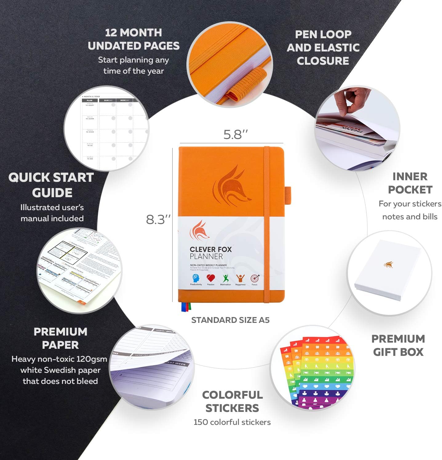 Clever Fox Planner - Undated Weekly & Monthly Organizer Journal for Productivity Time Management & Goals - A5 (Orange) - Image 3