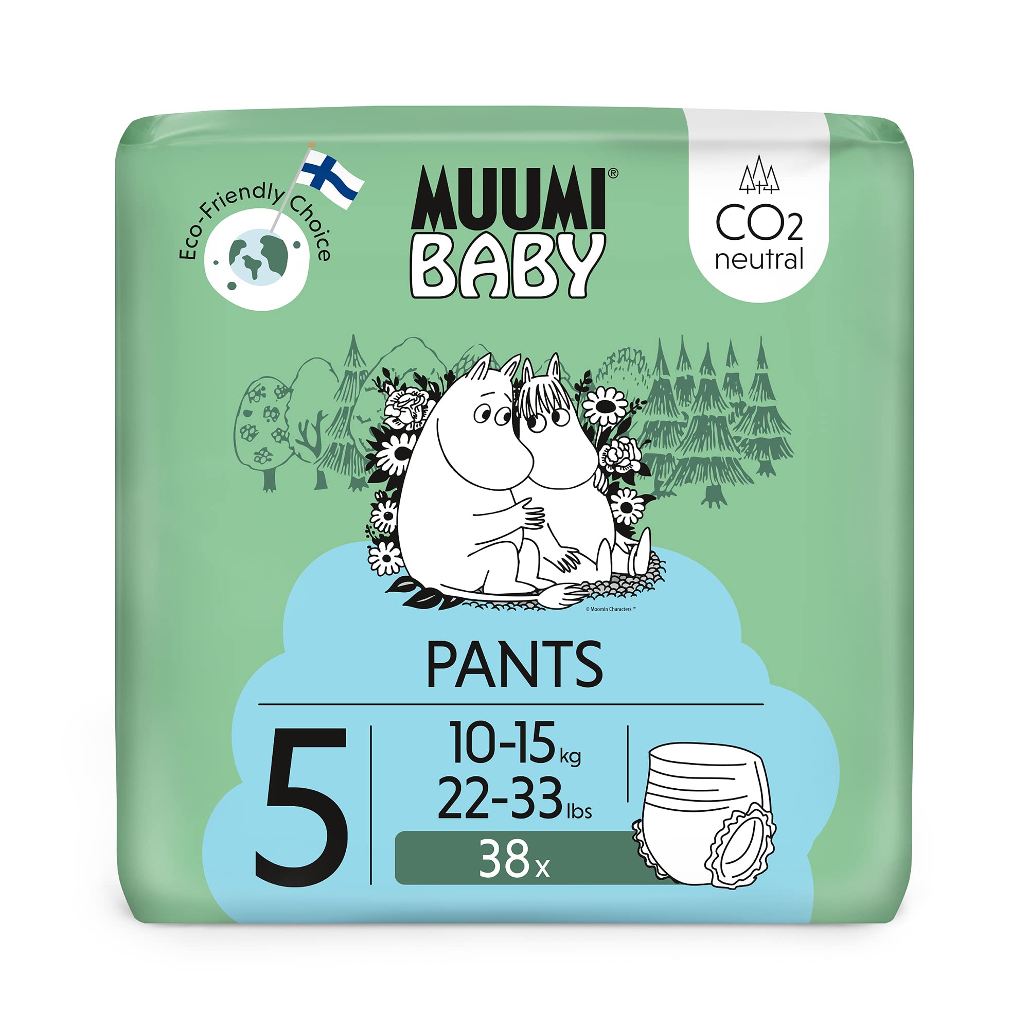 Muumi Baby Eco Pull Ups Size 5, 10-15 kg, 38 Sensitive Premium Nappy Pants with Leakage Barrier | Soft and Skin Friendly, No Unnecessary Chemicals |
