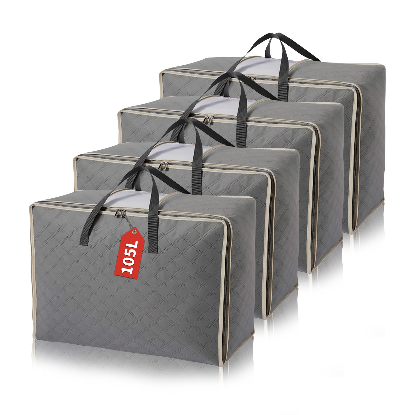 CHARMDI 4 Pack 105L Storage Bags, Wardrobe Storage Organiser, Breathable Large Storage Bags, 3 Sided Zip Top Lid, Duvet Storage Bag with PVC Window for Bedding, Clothes, Moving Home