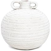 Antique Style Muted Beige Vase with Banded Handles-Unique Ceramic Decor for Living Room and Shelves-Rustic Handled Ceramic Vessel for Centerpieces and Home Accents [7" W X 7" H]