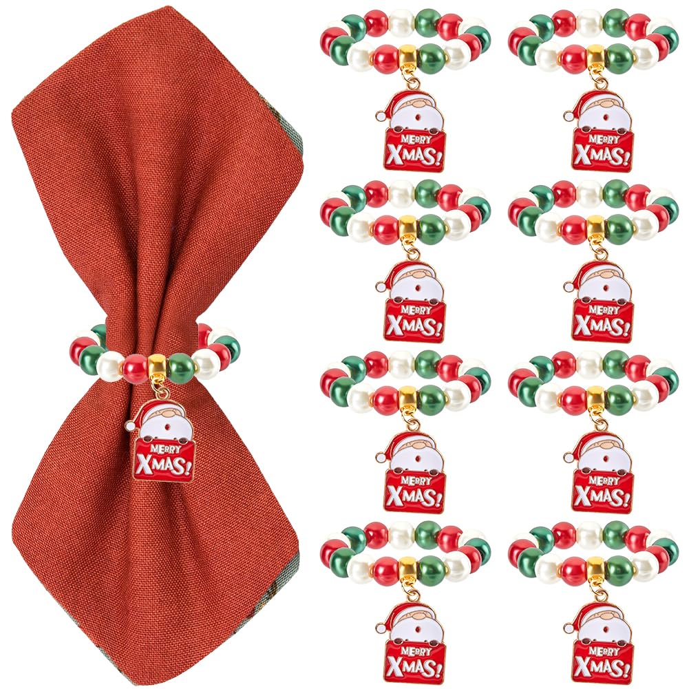 SUNNYCLUE 8 Sets Holiday Napkin Rings Christmas Napkin Rings Santa Claus Xmas Red Green Glass Spcaer Beads Winter Napkin Holder Ring Beaded Napkin Ring for Christmas Wedding Party Dinner Table Decor