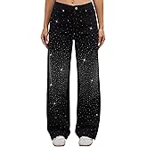 Wanduyini Rhinestone Straight Leg Jeans for Women Teen Girls Bling Loose Fit Denim Pants for Party Music Festival