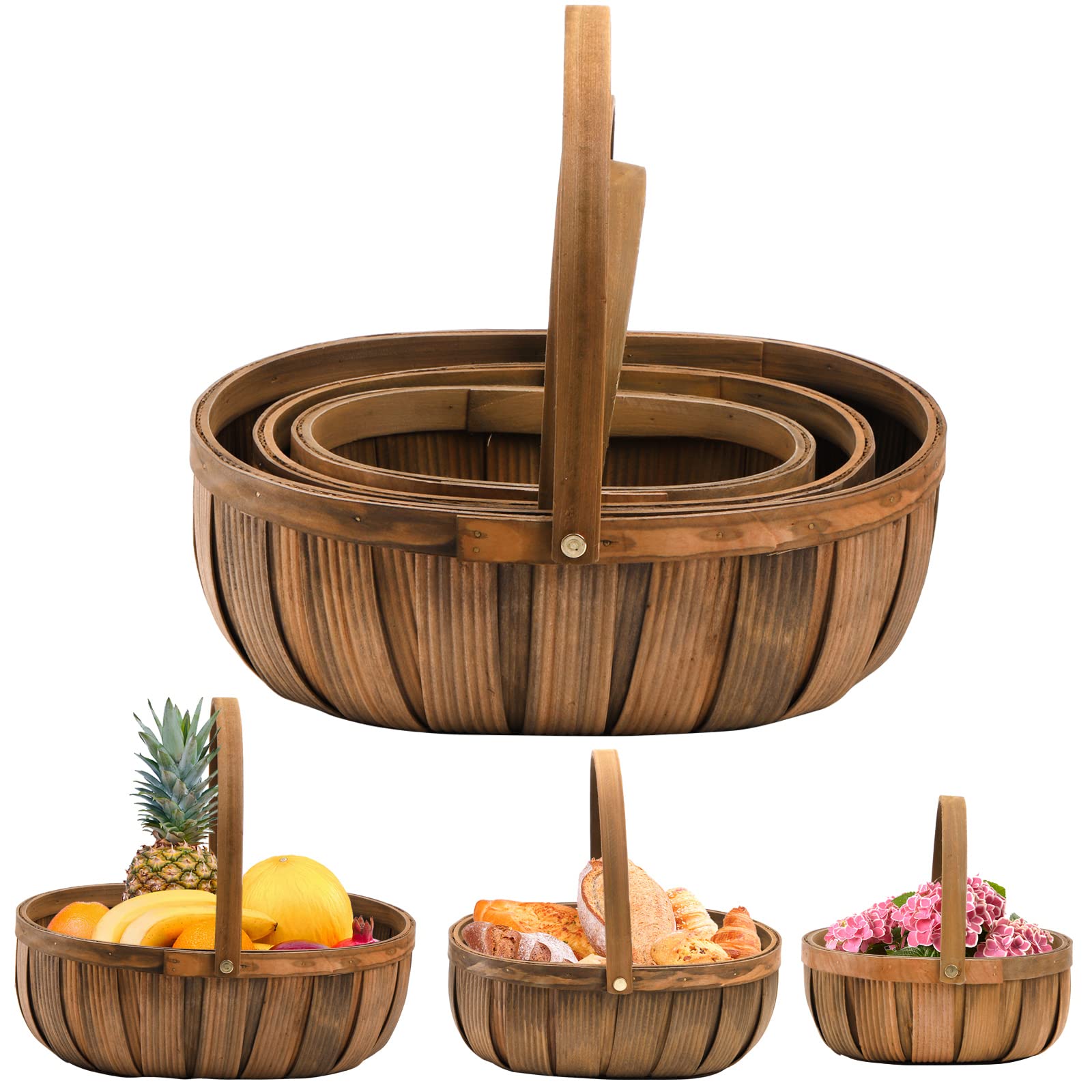thumbnail image 2 of Goaste 3 Pack Wooden Bread Baskets, Wood Chip Picnic Basket With Handles Handmade Woven Harvest Basket Holder Rustic 2 of 14