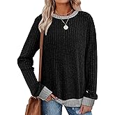 Sampeel Womens Tops Long Sleeve Shirts Lightweight Sweaters Loose Fit Crewneck Color Block Fall Fashion Outfits