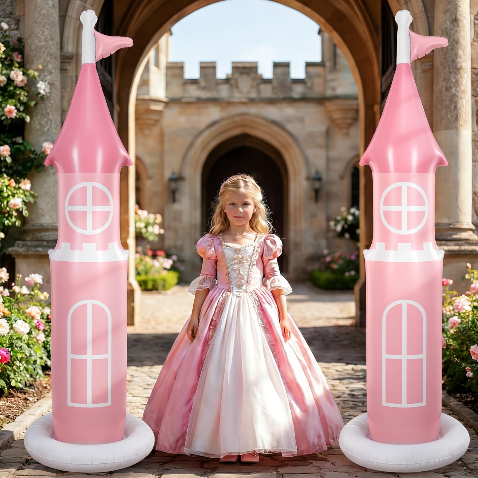 Photo 1 of Vertintong 2 Pack 6.2 ft Birthday Party Decorations, Castle Inflatable Stand Castle Blow up Yard Decorations for Garden Indoor Outdoor Party Supplies(Pink, Princess)