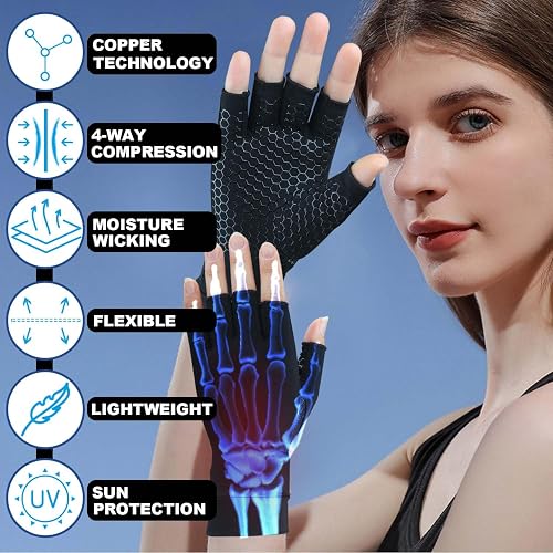 thumbnail interactive-video image 1 of 2-Pairs Copper Compression Gloves For Arthritis Pain Relief - Full Finger Support For Men & Women 1 of 11